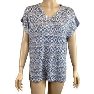 Orvis Classic Collection V-Neck Geometric Short Sleeve Top Size Small Stretch‎